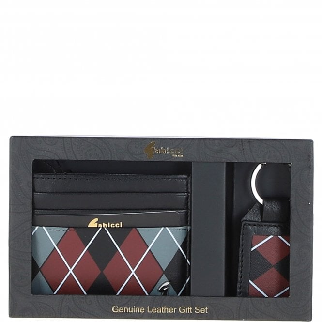 Leather Card Holder & Key Ring Gift Set Black/grey/red: GB-302-GS