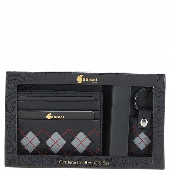 Leather Card Holder & Key Ring Gift Set Black/grey/red: GB-304-GS