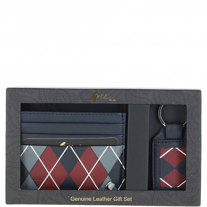 Leather Card Holder & Key Ring Gift Set Navy/grey/red: GB-302-GS